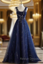 A-Line Princess Navy Blue Tulle Beaded V-neckline Party Dress Shiny Tulle Prom Dress