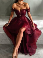 A Line Off-the-Shoulder Asymmetrical Organza Prom Dresses With Appliques Lace