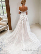 A Line Off-the-Shoulder Cathedral Train Tulle Wedding Dresses With Appliques Lace