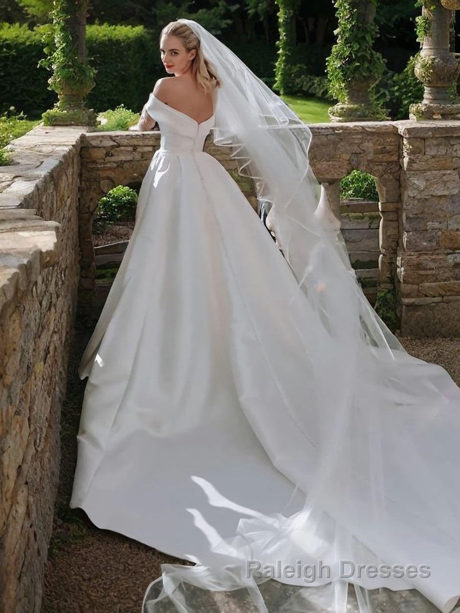 A Line Off-the-Shoulder Cathedral Train Satin Wedding Dresses