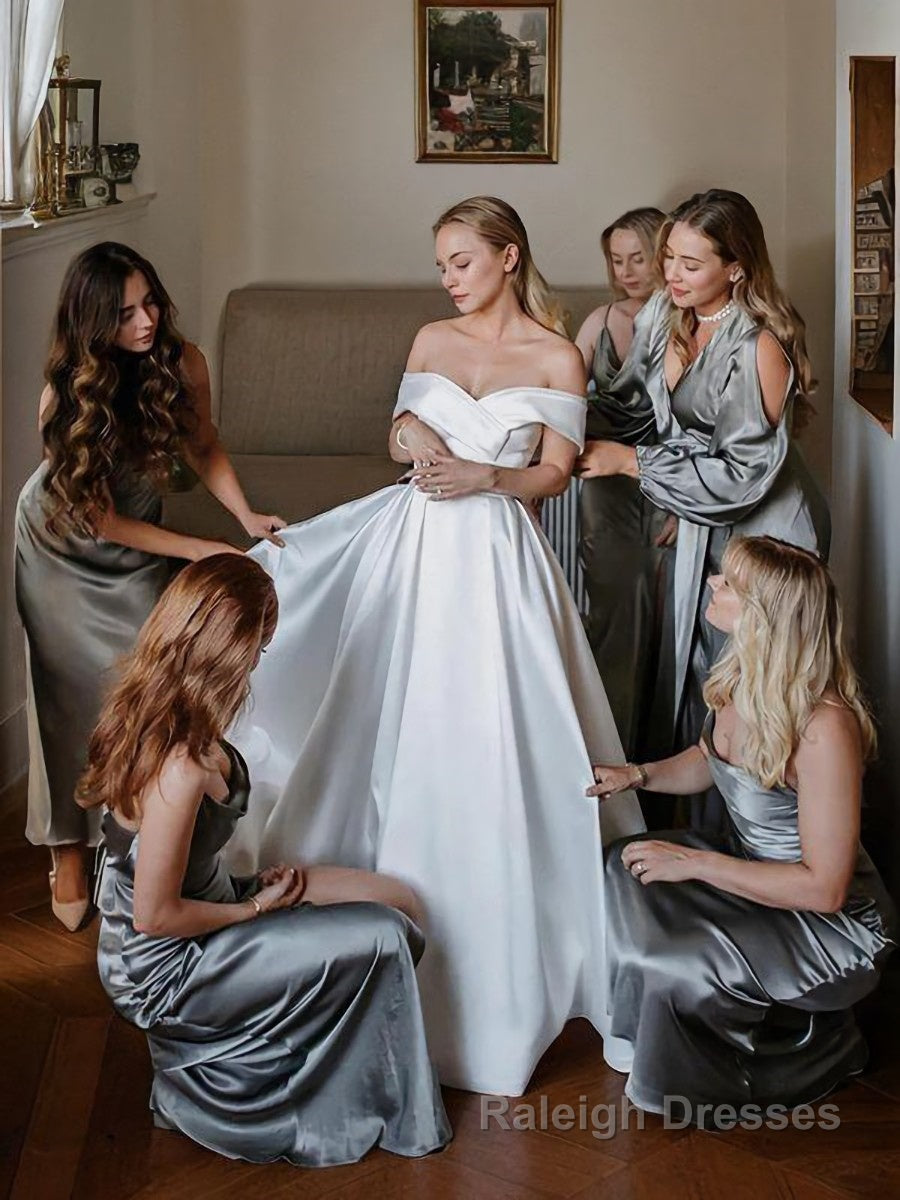 A Line Off-the-Shoulder Cathedral Train Satin Wedding Dresses