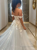 A Line Off-the-Shoulder Chapel Train Tulle Wedding Dress with Appliques Lace