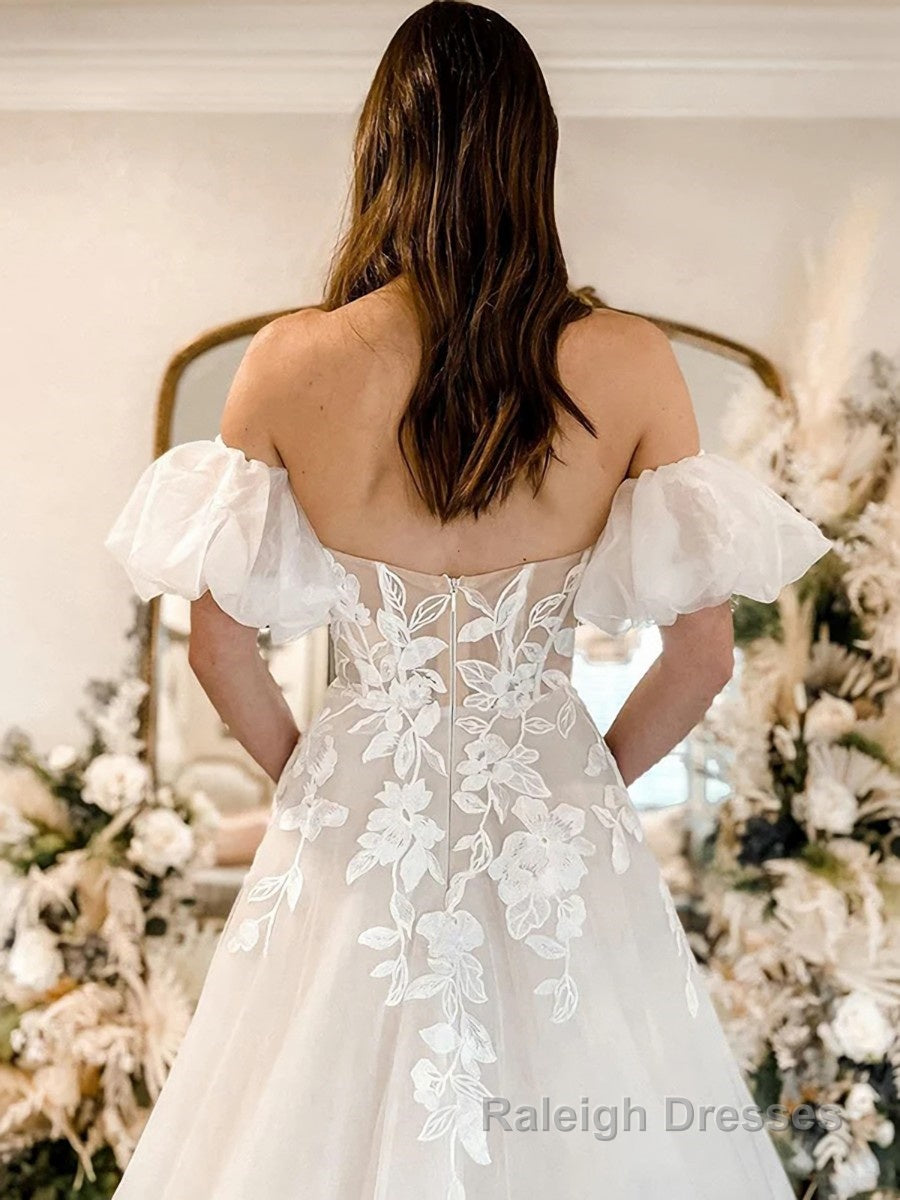A Line Off-the-Shoulder Chapel Train Tulle Wedding Dresses With Appliques Lace Secondary image