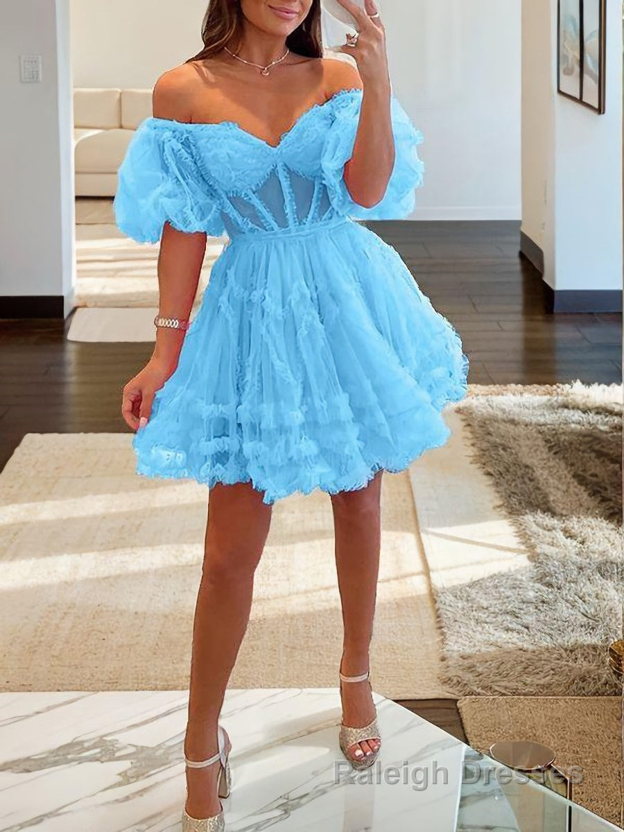 A-Line/Princess Off-the-Shoulder Corset Short/Mini Tulle Homecoming Dresses With Ruffles Secondary image
