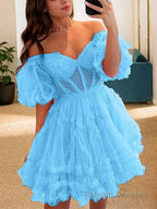 A Line Off-the-Shoulder Corset Short Mini Tulle Homecoming Dresses With Ruffles