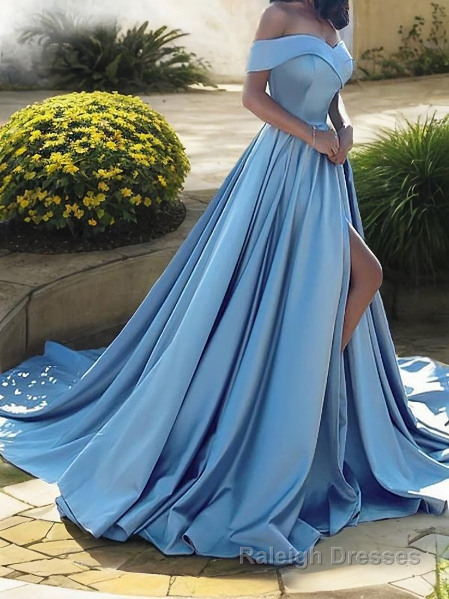 A Line Off-the-Shoulder Court Train Satin Prom Dresses With Leg Slit Secondary image