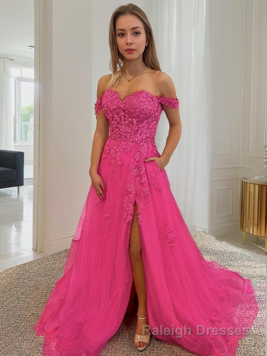 A-Line/Princess Off-the-Shoulder Court Train Tulle Prom Dresses With Leg Slit Main image