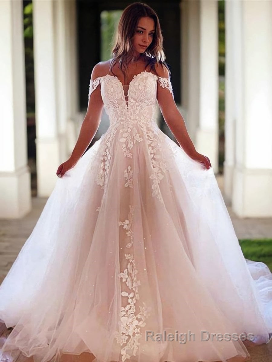 A-Line/Princess Off-the-Shoulder Court Train Tulle Wedding Dresses Main image