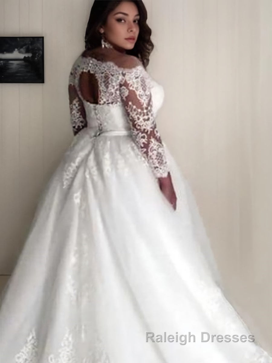 A Line Off-the-Shoulder Court Train Tulle Wedding Dresses With Belt/Sash