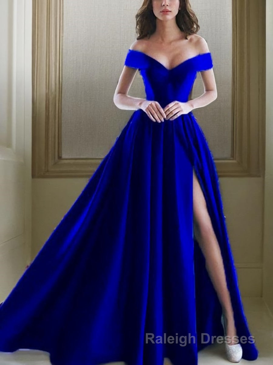A Line Off-the-Shoulder Floor Length Satin Prom Dresses With Leg Slit