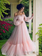 A Line Off-the-Shoulder Floor Length Tulle Prom Dresses With Appliques Lace