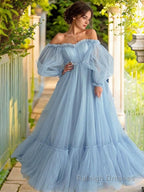A Line Off-the-Shoulder Floor Length Tulle Prom Dresses With Appliques Lace