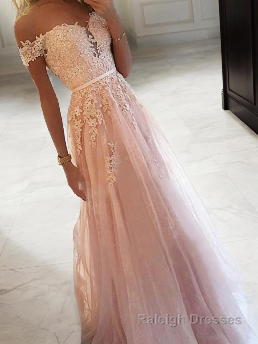 A-Line/Princess Off-the-Shoulder Floor-Length Tulle Prom Dresses With Appliques Lace Main image