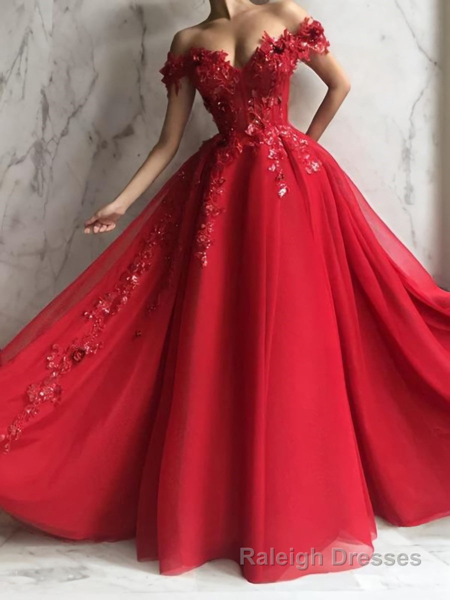 A-Line/Princess Off-the-Shoulder Floor-Length Tulle Prom Dresses With Appliques Lace Main image