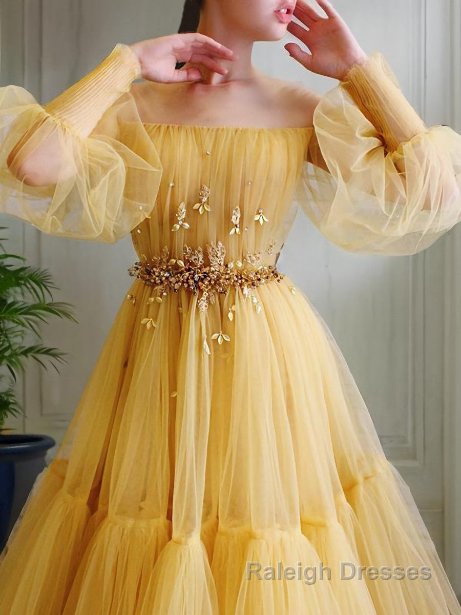 A Line Off-the-Shoulder Floor Length Tulle Prom Dresses With Beading