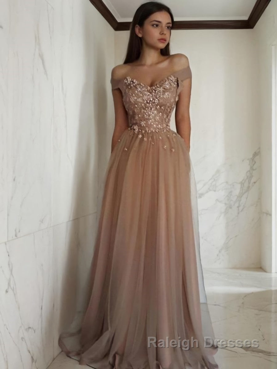 A-Line/Princess Off-the-Shoulder Floor-Length Tulle Prom Dresses With Flower Main image