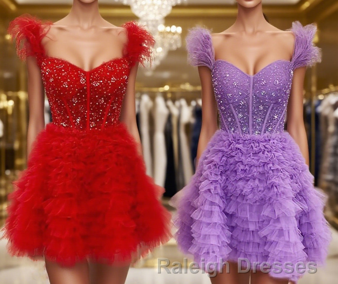 A-line/Princess Off-the-Shoulder Knee-Length Tulle Homecoming Dress with Cascading Ruffles