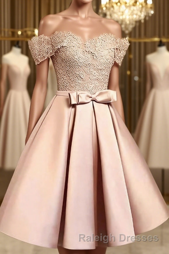 A-Line/Princess Off-the-Shoulder Short/Mini Satin Homecoming Dresses With Bow Main image