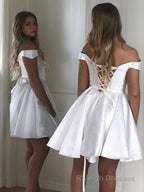 A Line Off-the-Shoulder Short Mini Satin Homecoming Dresses With Ruffles