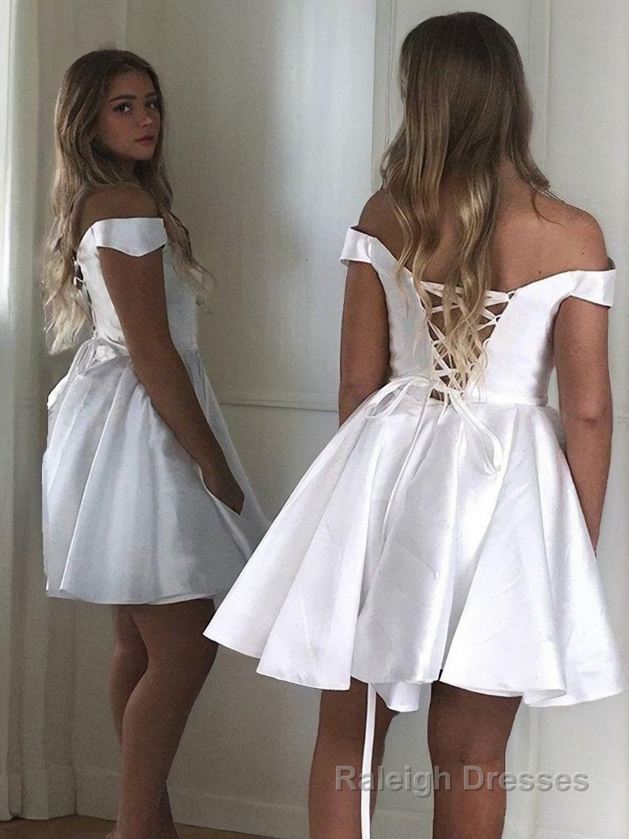 A Line Off-the-Shoulder Short Mini Satin Homecoming Dresses With Ruffles