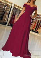 A Line Off-the-Shoulder Short Sleeve Sweep Train Chiffon Prom Dress With Beading Appliqued