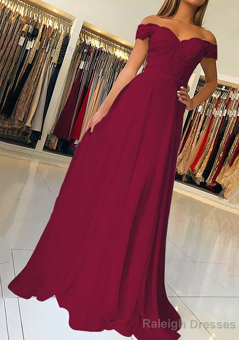 A Line Off-the-Shoulder Short Sleeve Sweep Train Chiffon Prom Dress With Beading Appliqued