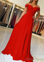 A Line Off-the-Shoulder Short Sleeve Sweep Train Chiffon Prom Dress With Beading Appliqued