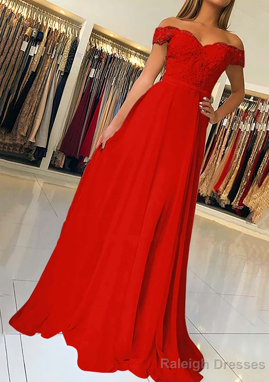 A Line Off-the-Shoulder Short Sleeve Sweep Train Chiffon Prom Dress With Beading Appliqued