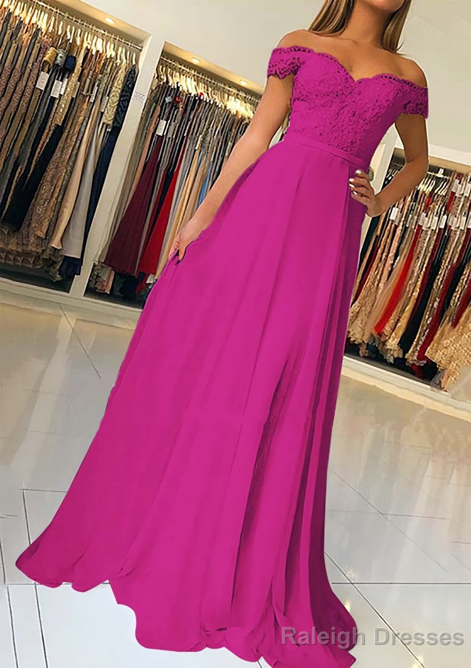 A Line Off-the-Shoulder Short Sleeve Sweep Train Chiffon Prom Dress With Beading Appliqued