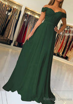 A Line Off-the-Shoulder Short Sleeve Sweep Train Chiffon Prom Dress With Beading Appliqued