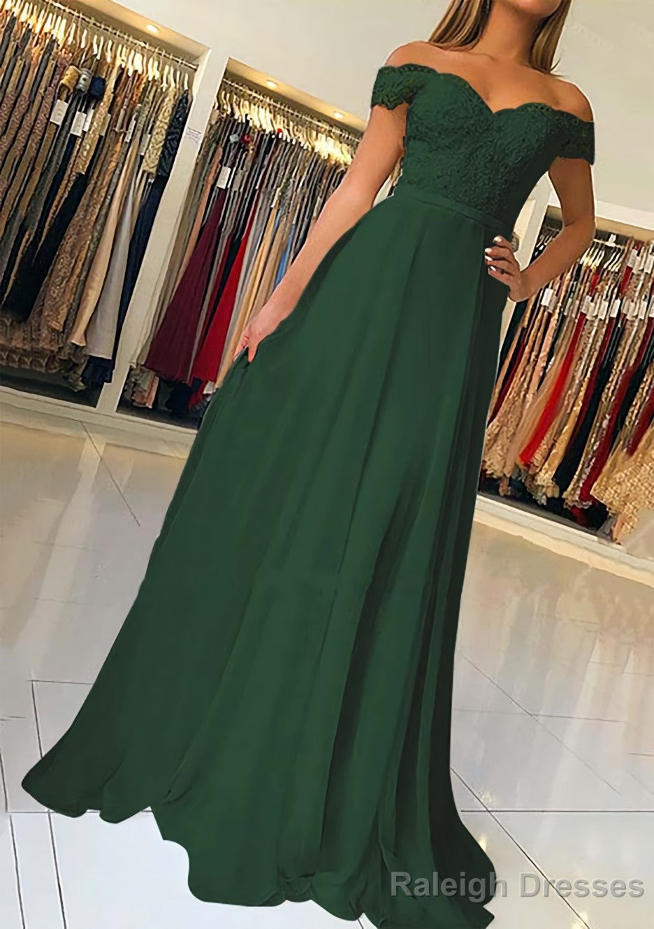 A Line Off-the-Shoulder Short Sleeve Sweep Train Chiffon Prom Dress With Beading Appliqued