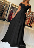 A Line Off-the-Shoulder Short Sleeve Sweep Train Chiffon Prom Dress With Beading Appliqued
