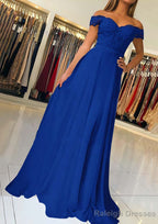 A Line Off-the-Shoulder Short Sleeve Sweep Train Chiffon Prom Dress With Beading Appliqued