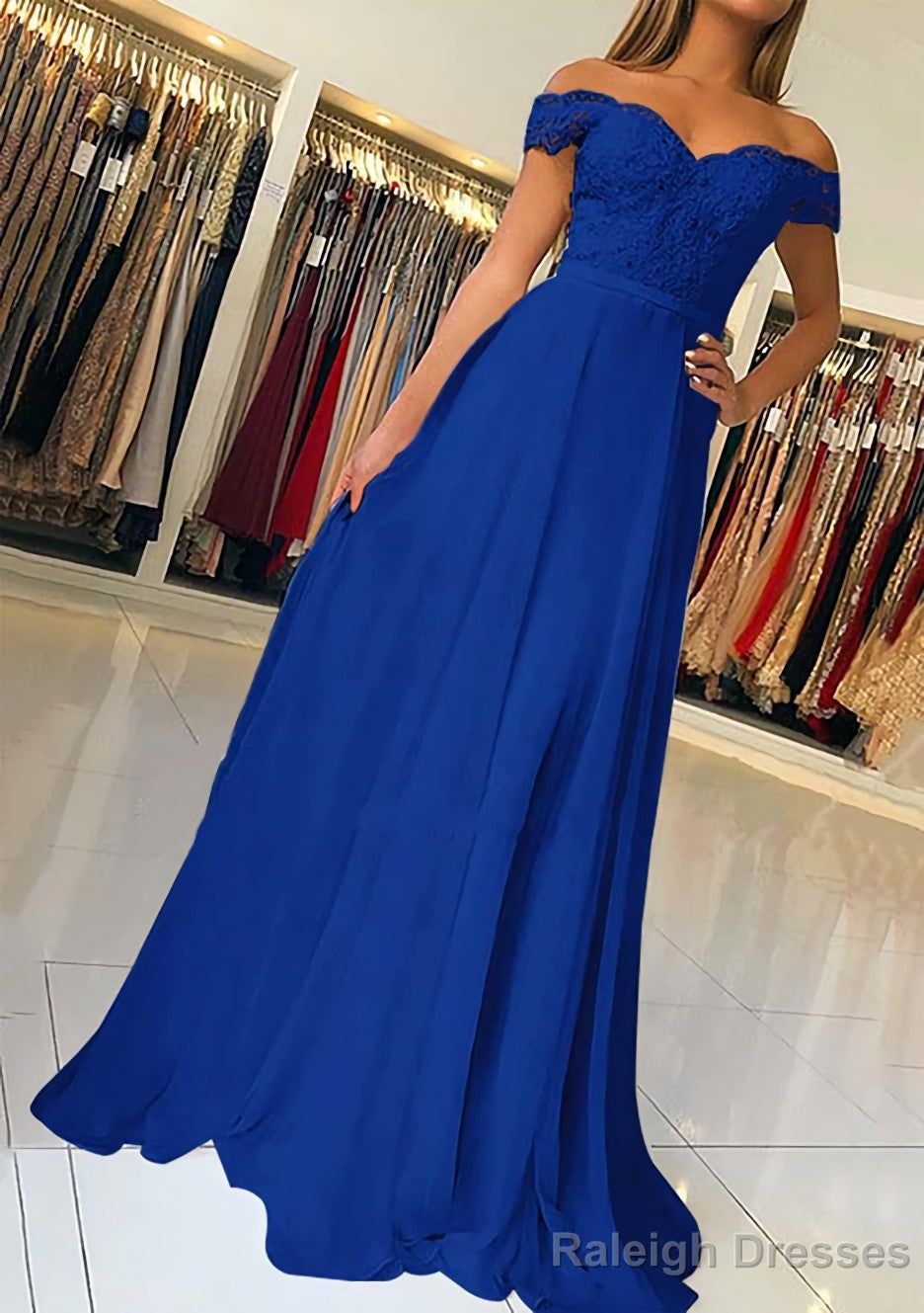 A Line Off-the-Shoulder Short Sleeve Sweep Train Chiffon Prom Dress With Beading Appliqued