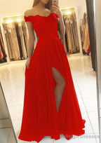 A Line Off-the-Shoulder Sleeveless Long Dress Floor Length Chiffon Prom Dress With Beading Split