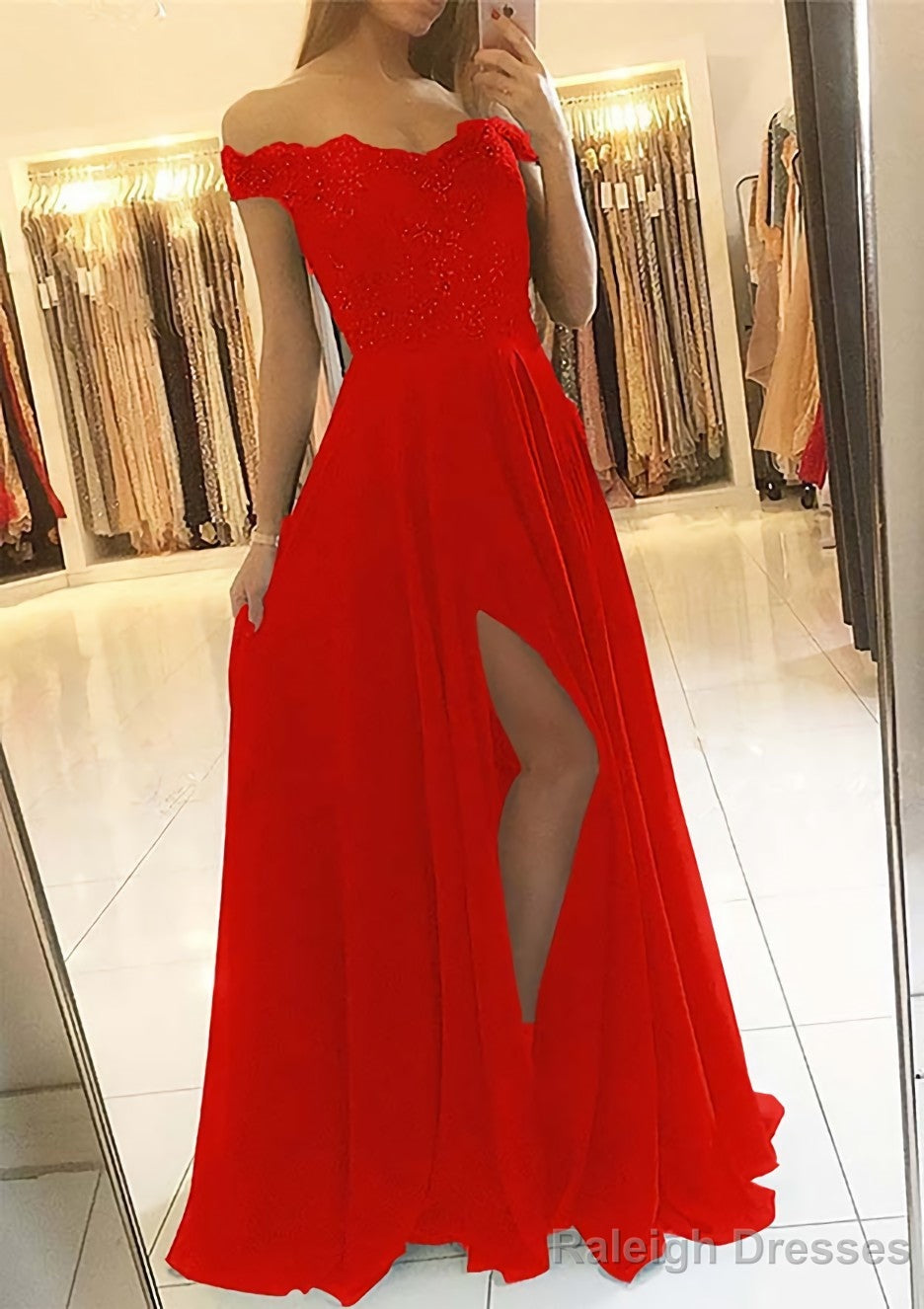 A Line Off-the-Shoulder Sleeveless Long Dress Floor Length Chiffon Prom Dress With Beading Split