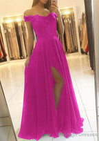 A-line/Princess Off-the-Shoulder Sleeveless Long/Floor-Length Chiffon Prom Dresses With Beading Split