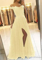 A Line Off-the-Shoulder Sleeveless Long Dress Floor Length Chiffon Prom Dress With Beading Split