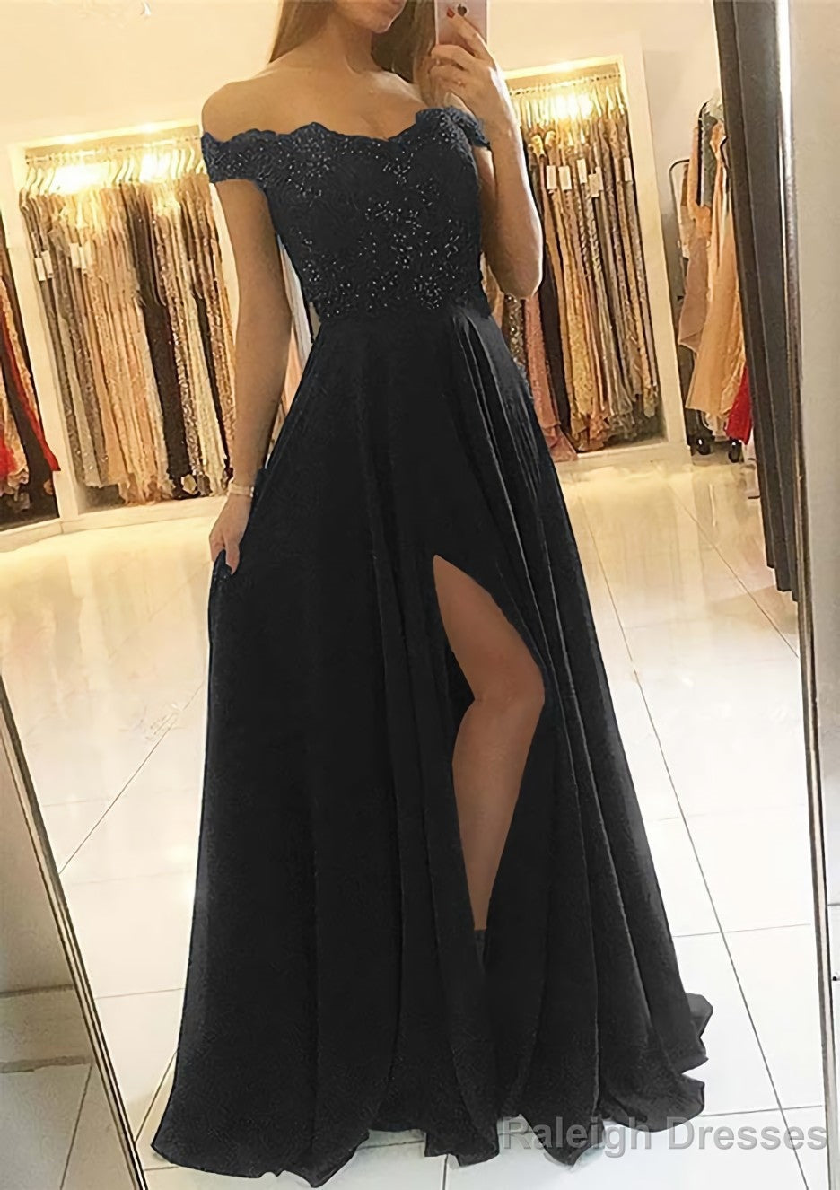 A Line Off-the-Shoulder Sleeveless Long Dress Floor Length Chiffon Prom Dress With Beading Split