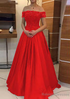 A Line Off-the-Shoulder Sleeveless Long Dress Floor Length Elastic Satin Prom Dress With Lace Pleated