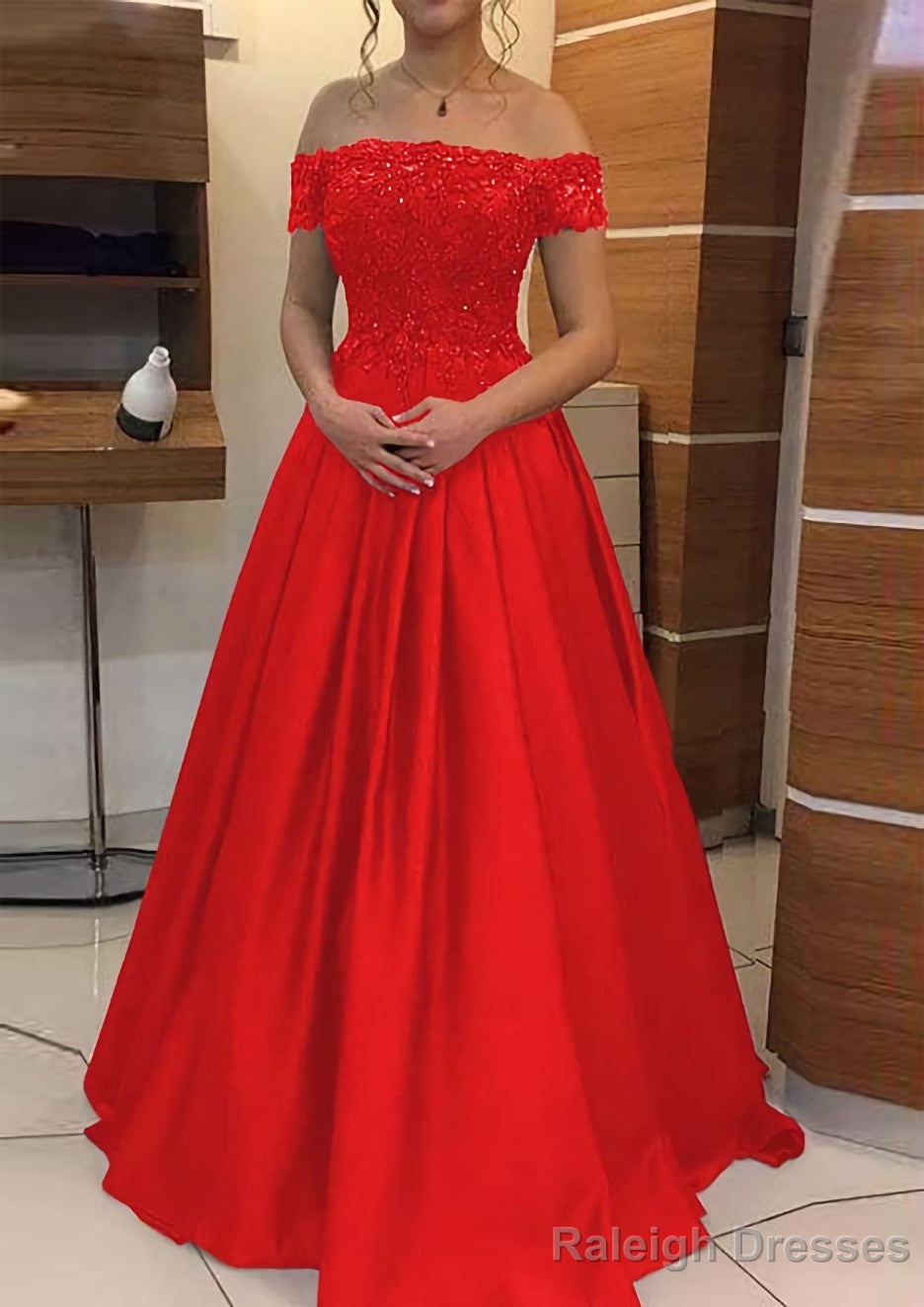 A Line Off-the-Shoulder Sleeveless Long Dress Floor Length Elastic Satin Prom Dress With Lace Pleated