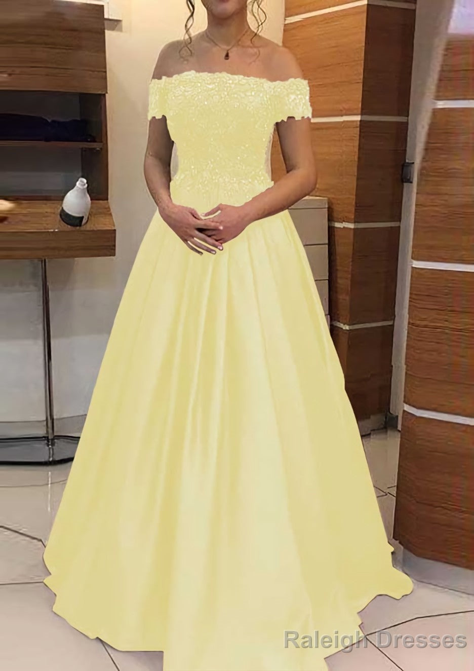 A-line/Princess Off-the-Shoulder Sleeveless Long/Floor-Length Elastic Satin Prom Dresses With Lace Pleated