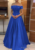 A Line Off-the-Shoulder Sleeveless Long Dress Floor Length Elastic Satin Prom Dress With Lace Pleated