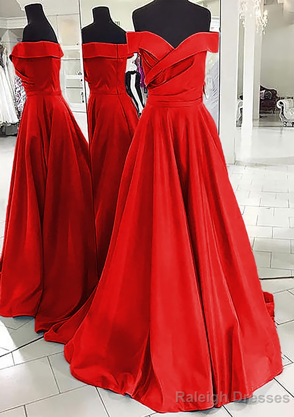 A-line/Princess Off-the-Shoulder Sleeveless Sweep Train Satin Prom Dresses