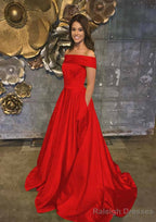A Line Off-the-Shoulder Sleeveless Sweep Train Satin Prom Dress With Low Back