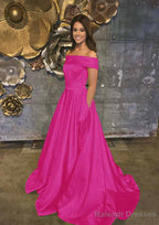 A-line/Princess Off-the-Shoulder Sleeveless Sweep Train Satin Prom Dresses With Low Back