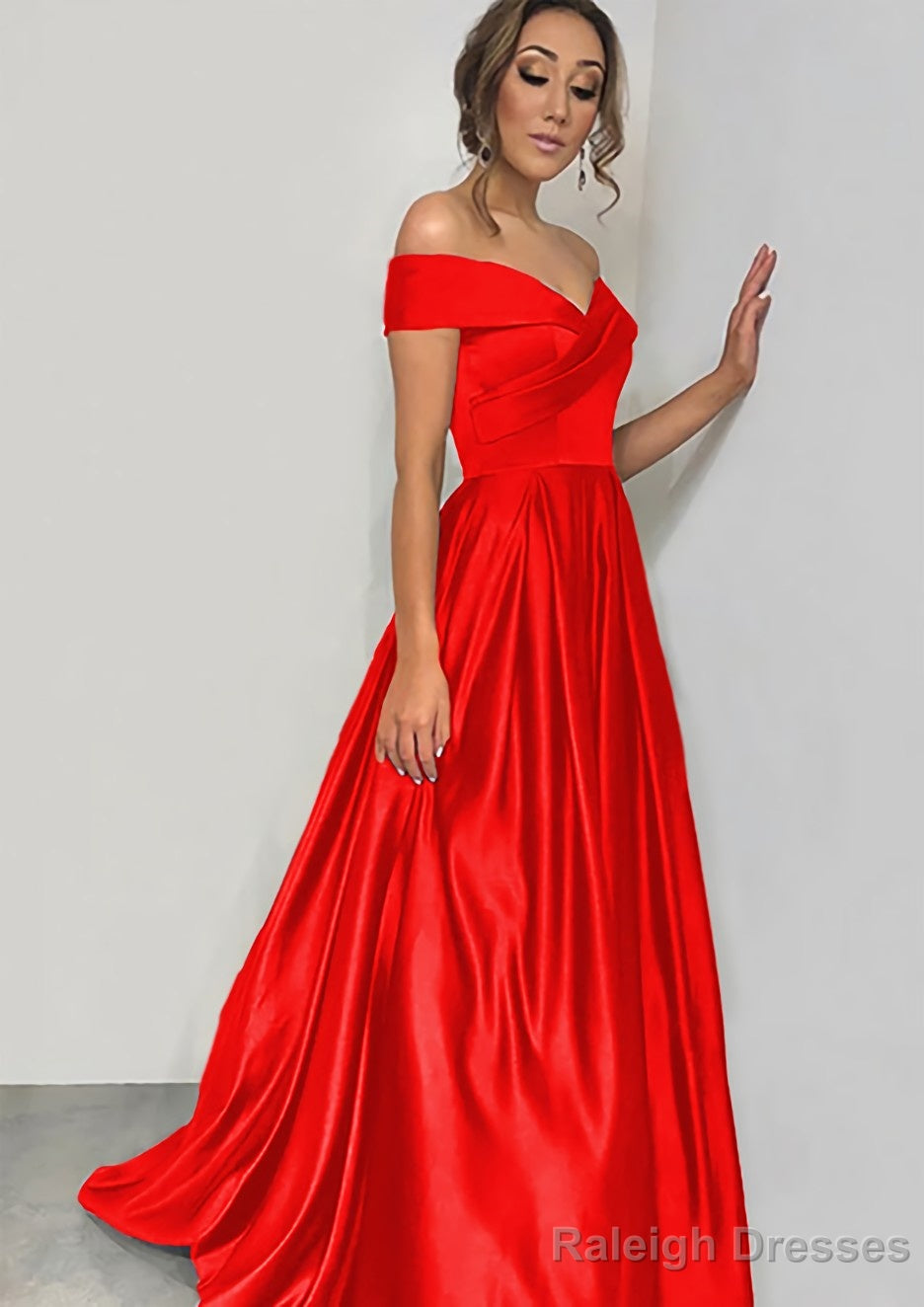 A Line Off-the-Shoulder Sleeveless Sweep Train Satin Prom Dress With Pleated