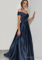 A Line Off-the-Shoulder Sleeveless Sweep Train Satin Prom Dress With Pleated