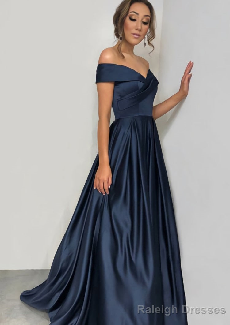 A Line Off-the-Shoulder Sleeveless Sweep Train Satin Prom Dress With Pleated