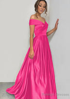 A-line/Princess Off-the-Shoulder Sleeveless Sweep Train Satin Prom Dresses With Pleated